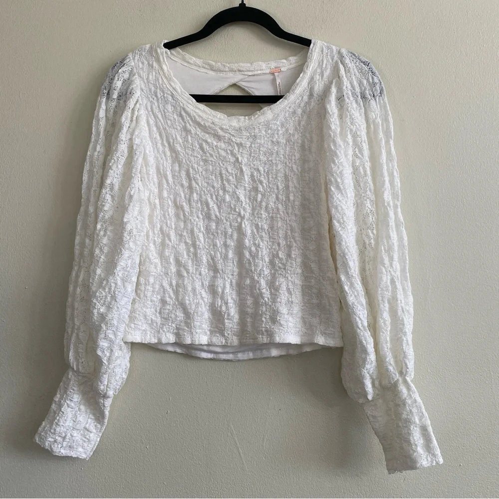 Free People Women’s Tea Time Round Neck Long Puff Sleeve‎ Lace Top white Size M